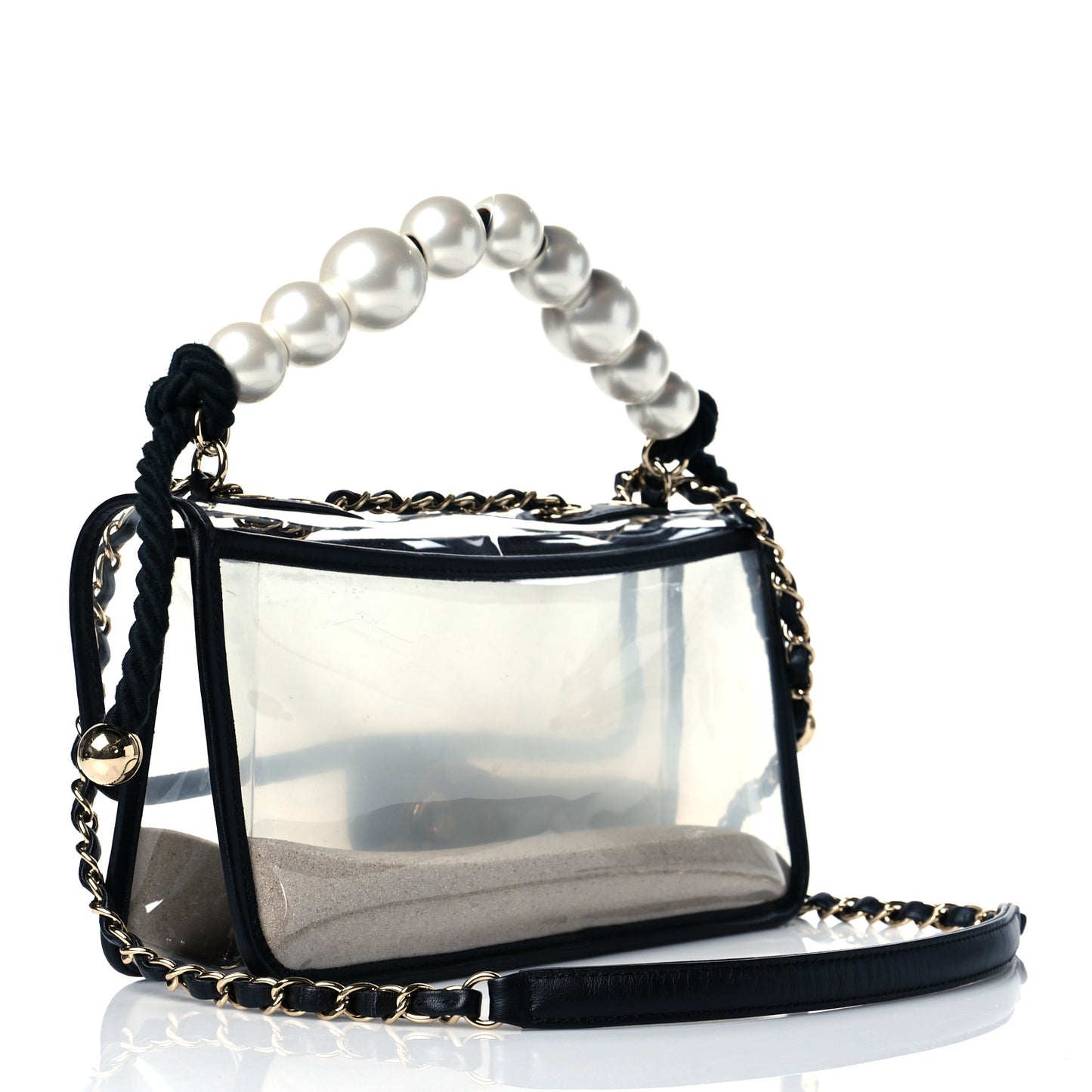 Lambskin PVC Sand By The Sea Flap With Pearl Strap Black
