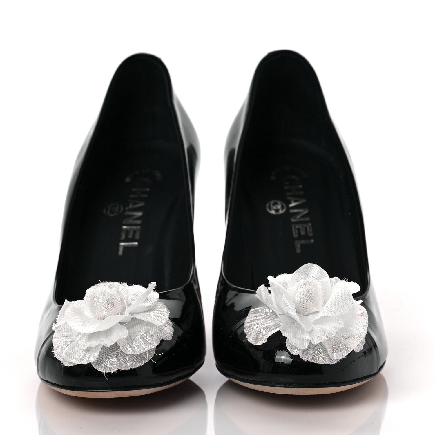 Chanel Patent Camellia CC Cap Toe Pumps 37 Black 2 of 9