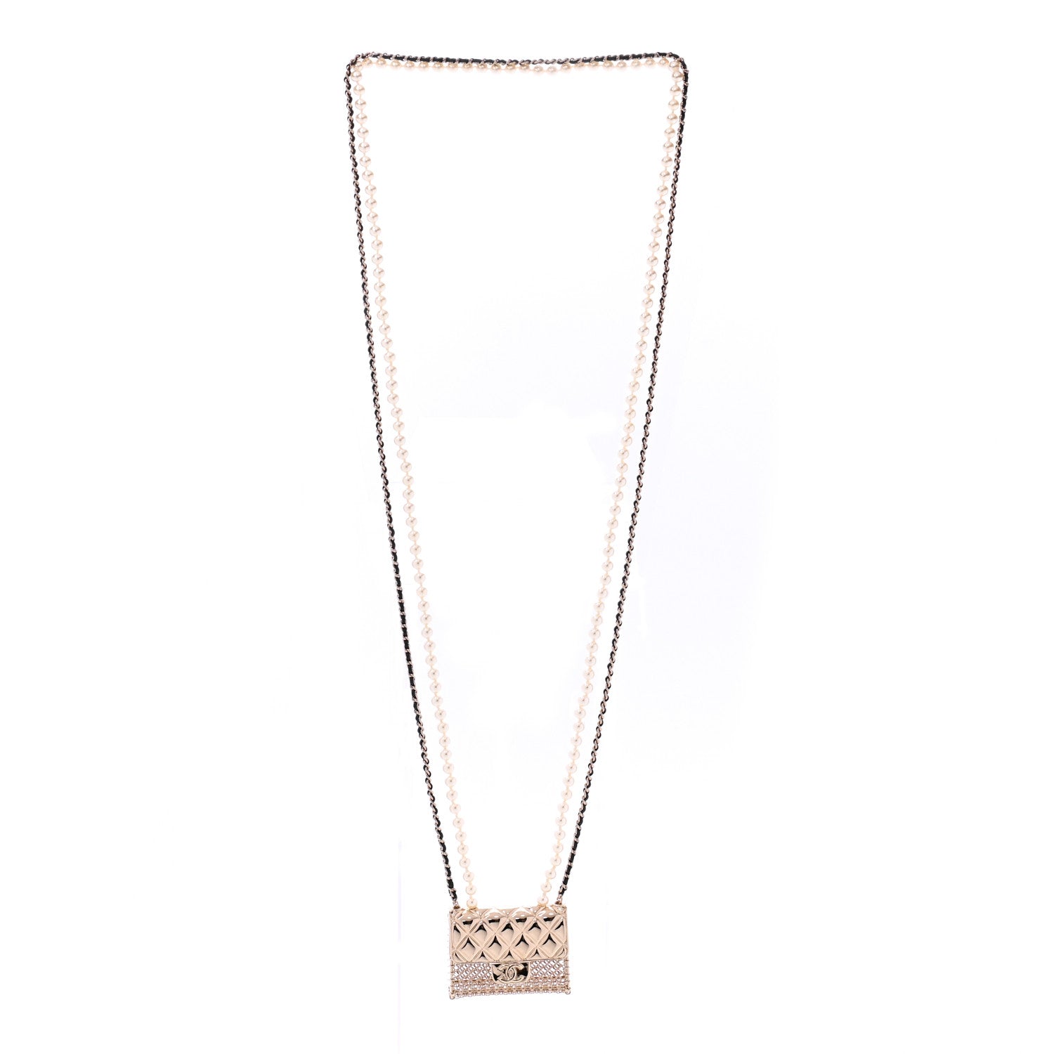 Chanel Metal Lambskin Pearl Chain Flap Bag Long Necklace Gold Black Pearly White 3 of 6