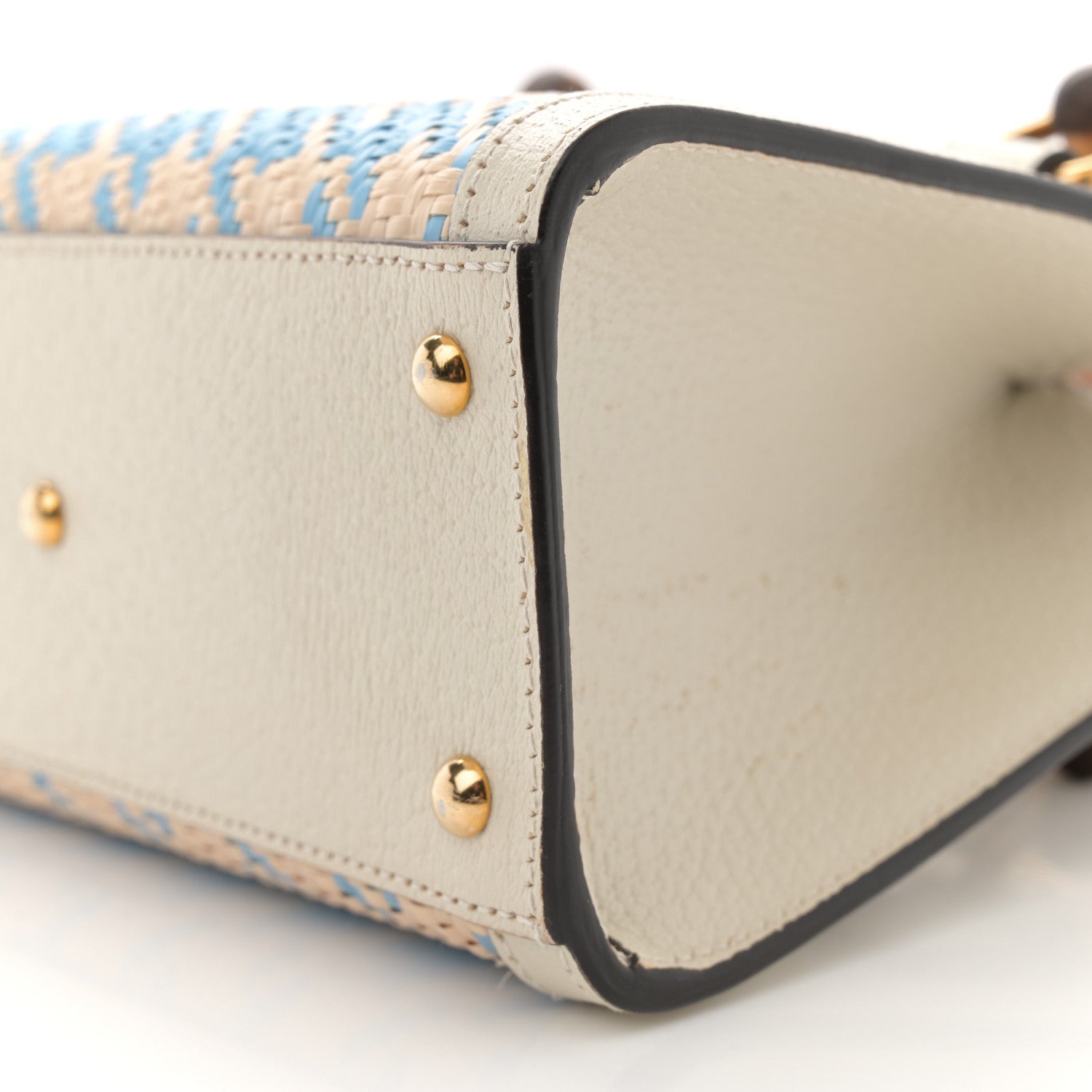 Gucci Raffia Textured Dollar Calfskin Web Houndstooth Mini Diana Tote Bag Light Blue Natural Deep Orange 10 of 12