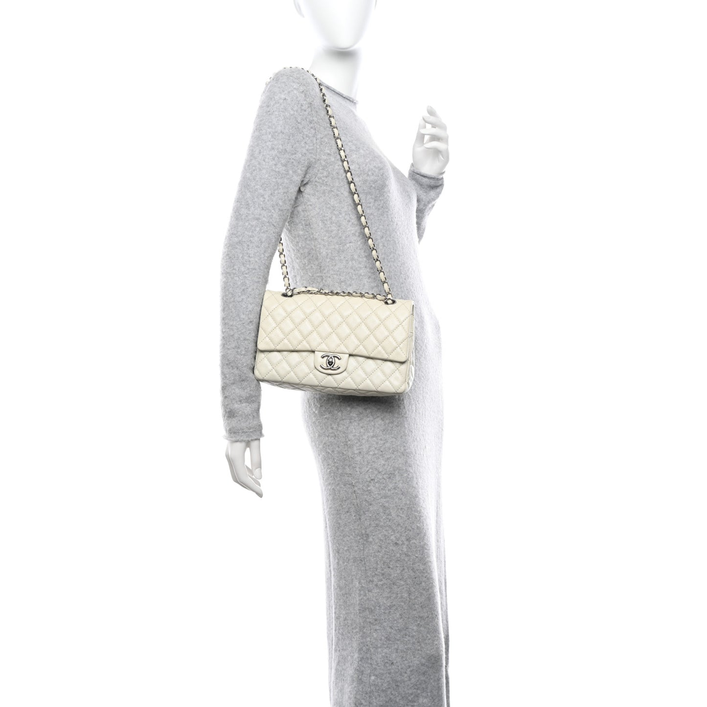 Washed Caviar Quilted Medium Double Flap White