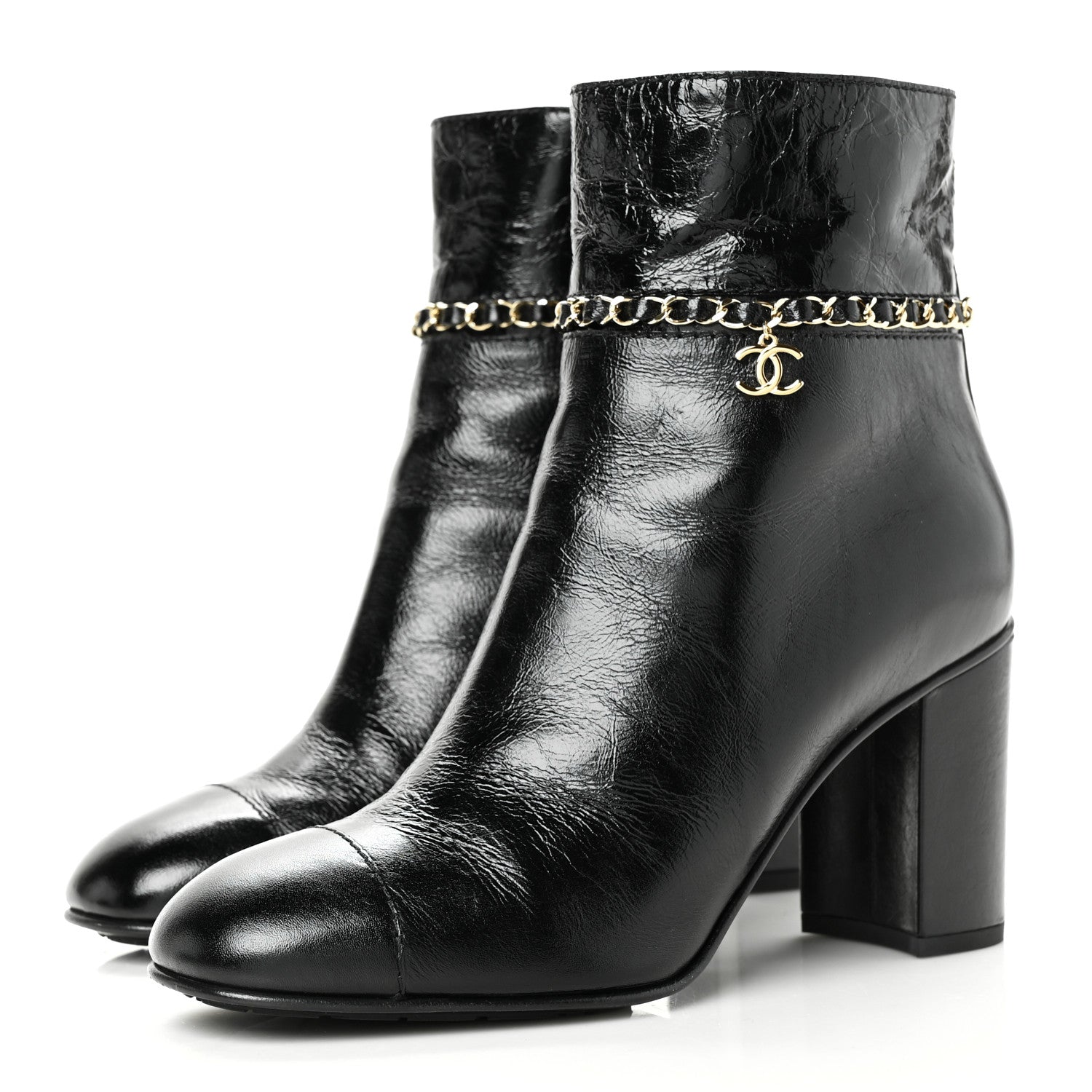 Chanel Crumpled Calfskin Cap Toe Chain Short Boots 40 Black 3 of 7