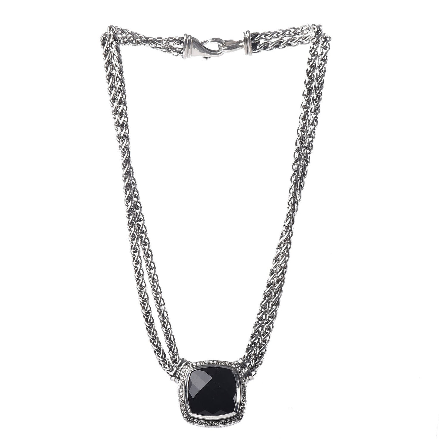 Sterling Silver Diamond Black Onyx 19mm Albion Double Wheat Chain Necklace