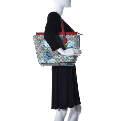 Gucci GG Supreme Monogram Blooms Medium Zippered Bucket Tote Beige Blue Navy Hibiscus Red 2 of 10