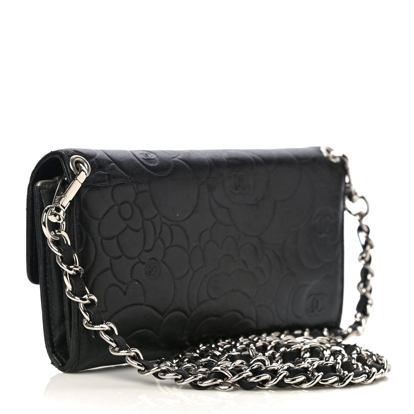 Lambskin Camellia Embossed Wallet on Chain WOC Black