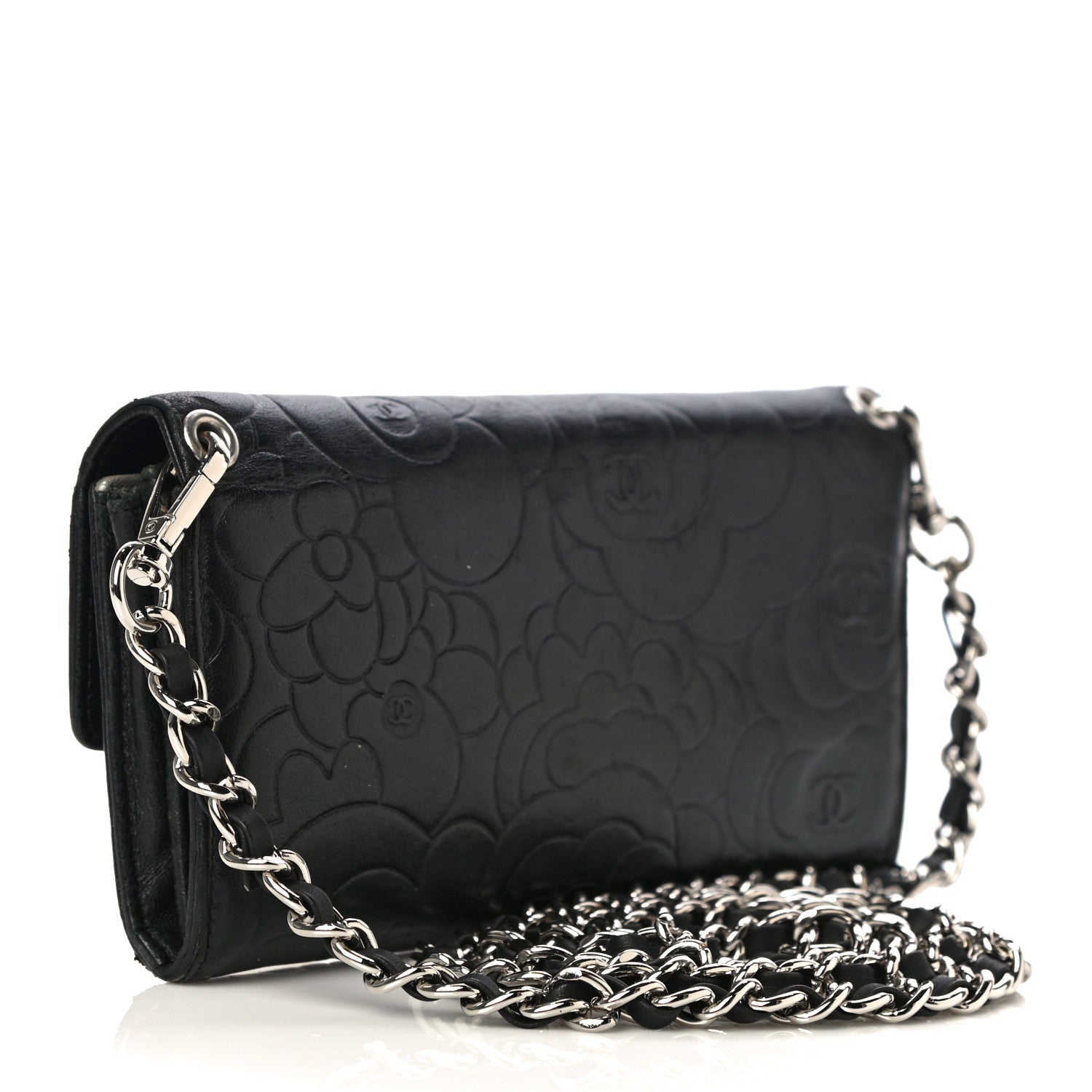 Chanel Lambskin Camellia Embossed Wallet on Chain WOC Black 2 of 29