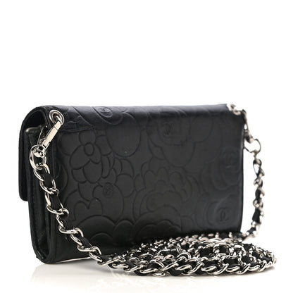 Chanel Lambskin Camellia Embossed Wallet on Chain WOC Black 2 of 29