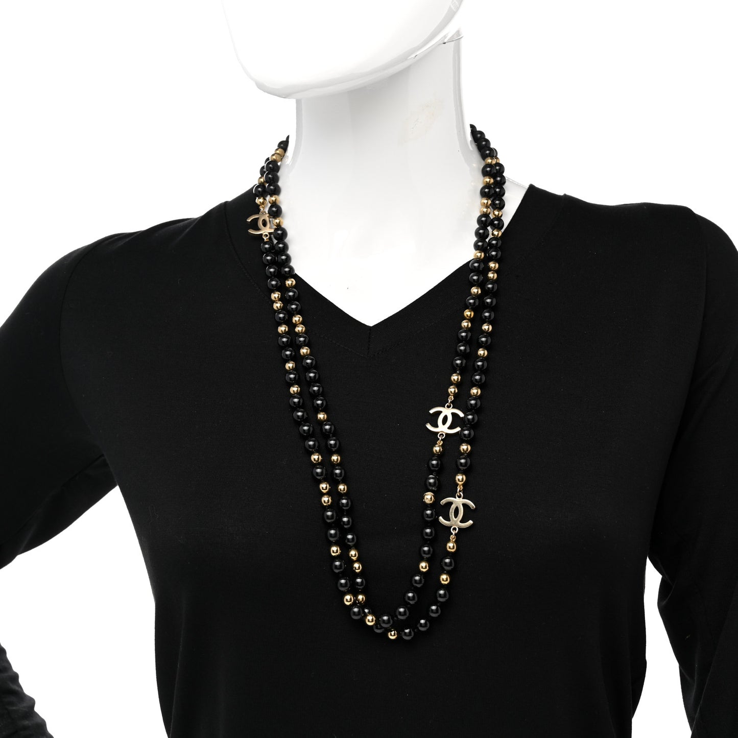 Metal Beaded CC Long Necklace Gold Black
