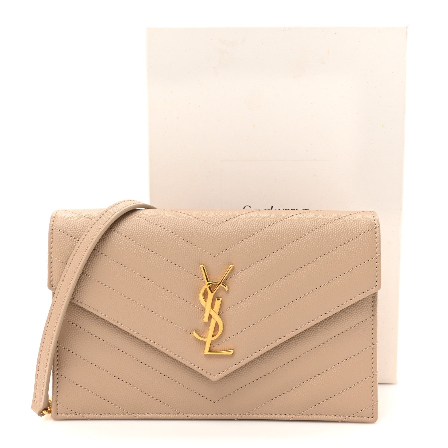 Saint Laurent Grain De Poudre Matelasse Chevron Monogram Envelope Chain Wallet Dark Beige 10 of 10