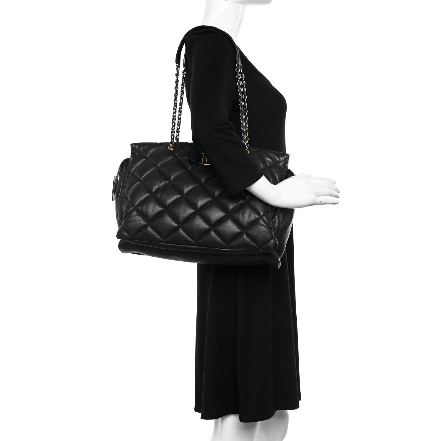 Salvatore Ferragamo Calfskin Quilted Vara Bow Chain Tote Black 2 of 13