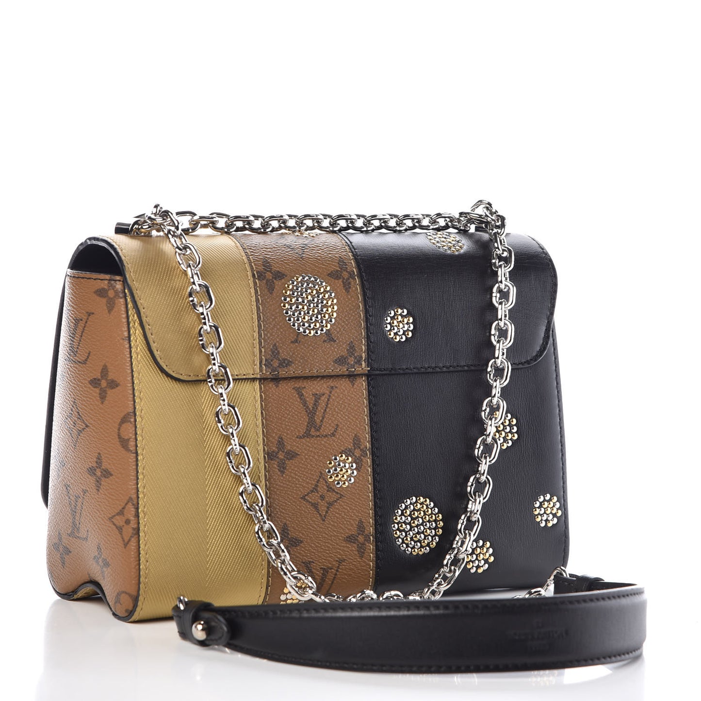 Calfskin Reverse Monogram Studded Twist Shoulder Bag MM Black Gold