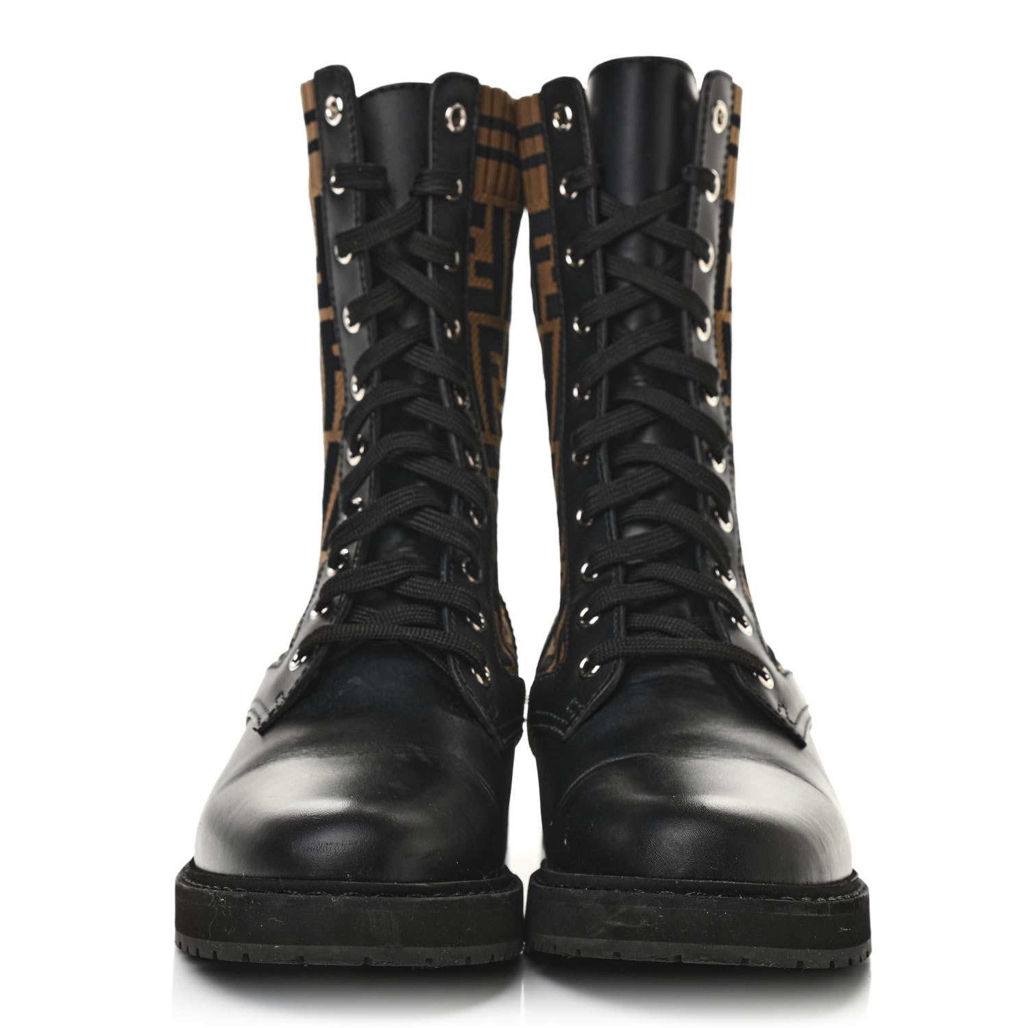 Fendi Calfskin Stretch Fabric FF Rockoko Biker Boots 39.5 Black Tobacco 2 of 10