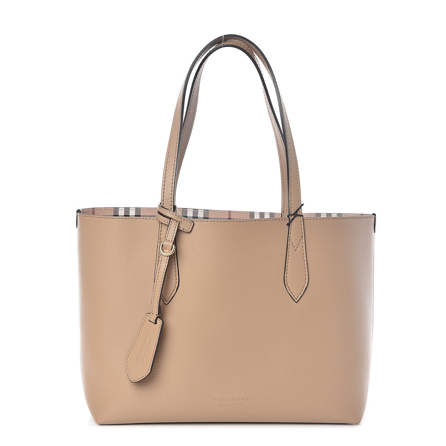 Burberry Grainy Calfskin Haymarket Check Medium Reversible Tote Camel 4 of 16