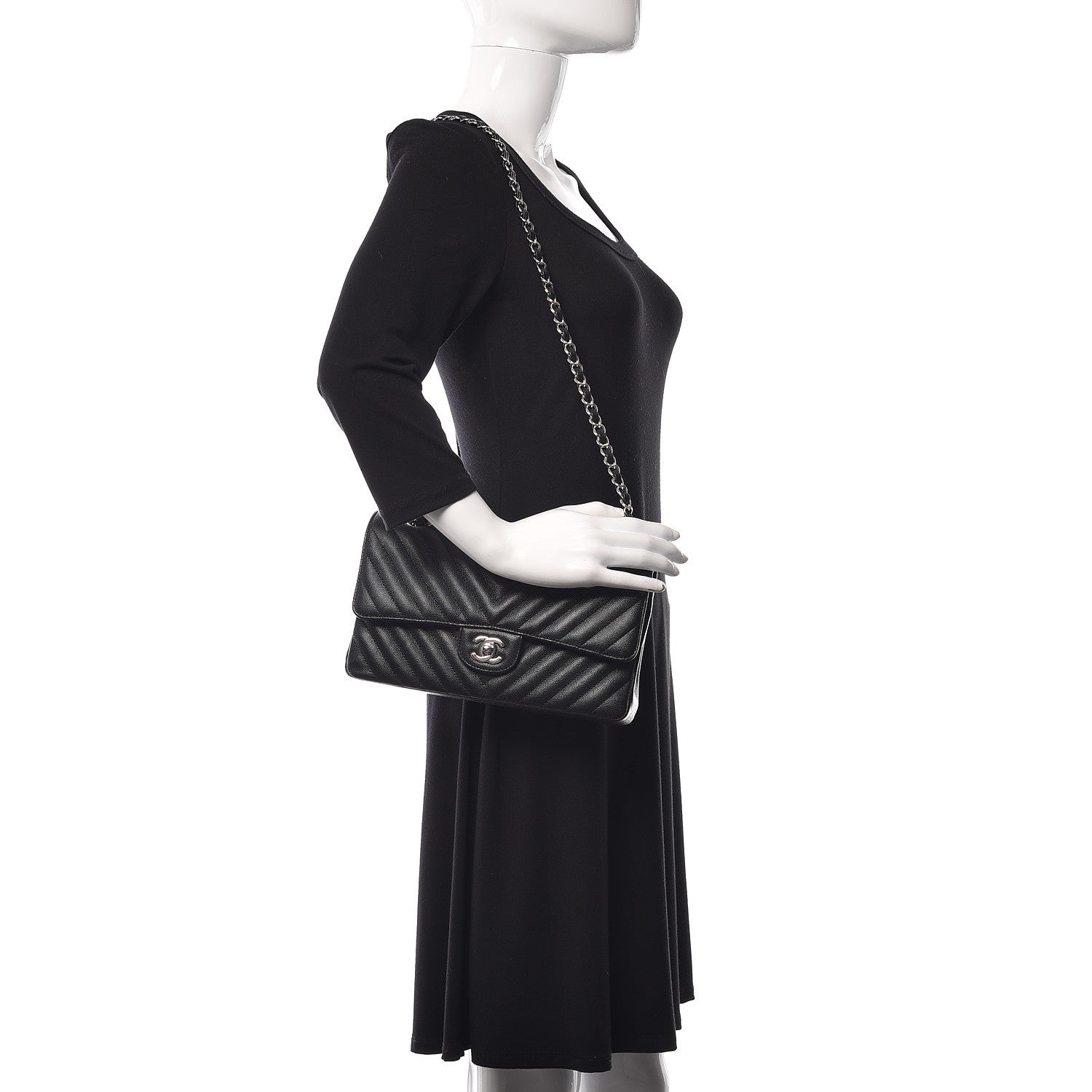 Chanel Caviar Chevron Quilted Medium Double Flap Black 2 of 11