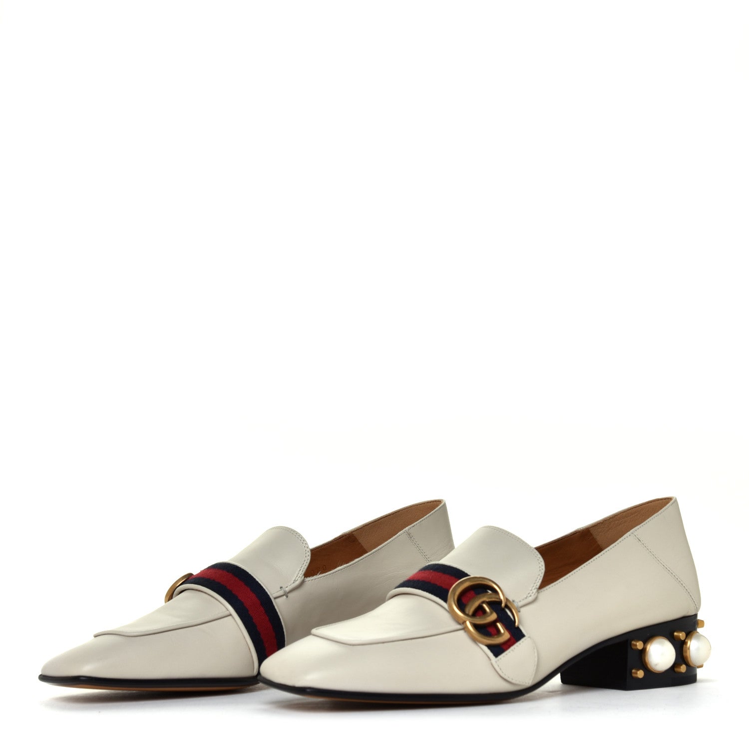 Gucci Betis Glamour Calfskin Web Pearl Embellished Peyton 35mm Loafer Pumps 38.5 Mystic White 3 of 12