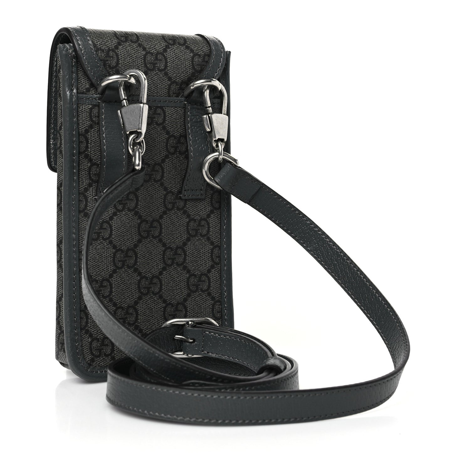 GG Supreme Monogram Textured Dollar Calfskin Phone Crossbody Bag Grey Black Graphite Grey