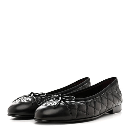 Chanel Aged Calfskin Quilted CC Cap Toe Ballerina Flats 37.5 Black 4 of 10