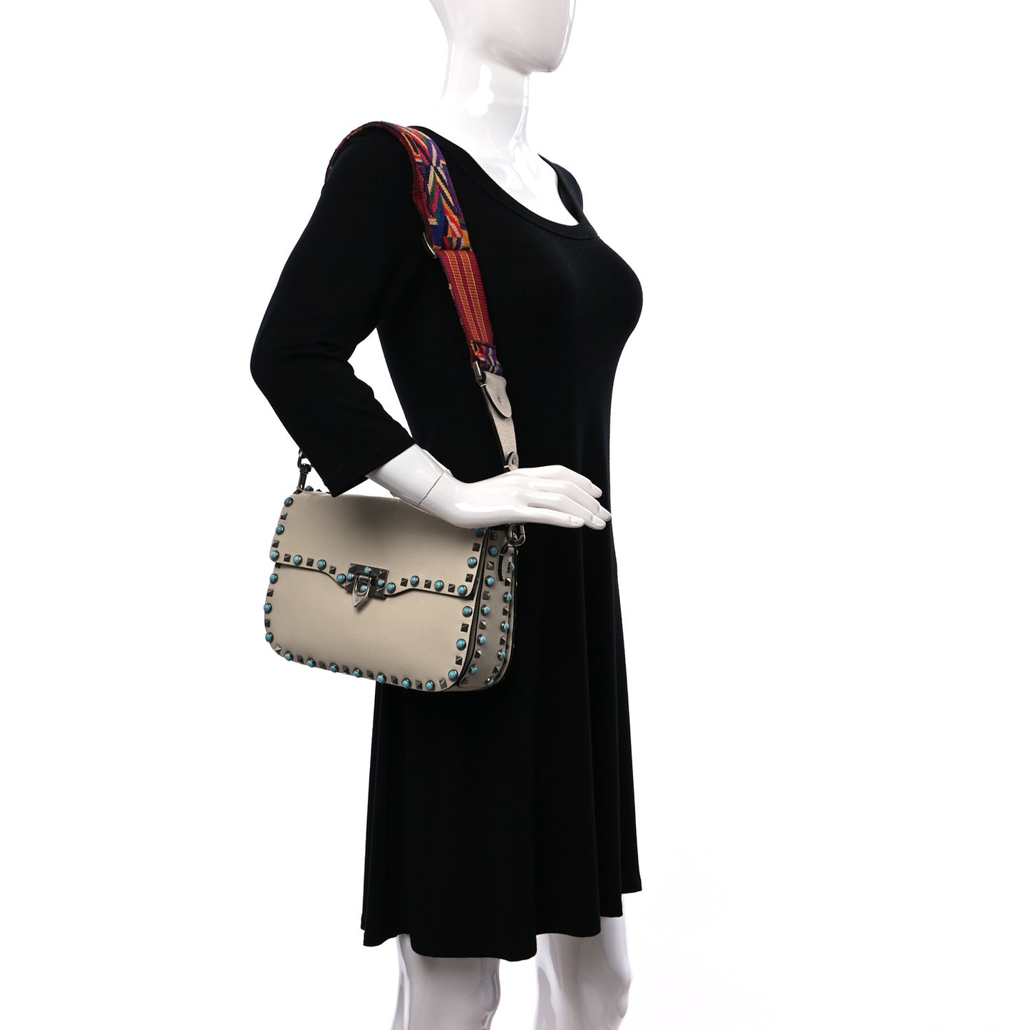 Pebbled Calfskin Turquoise Medium Guitar Strap Rockstud Rolling Flap Saddle Bag White