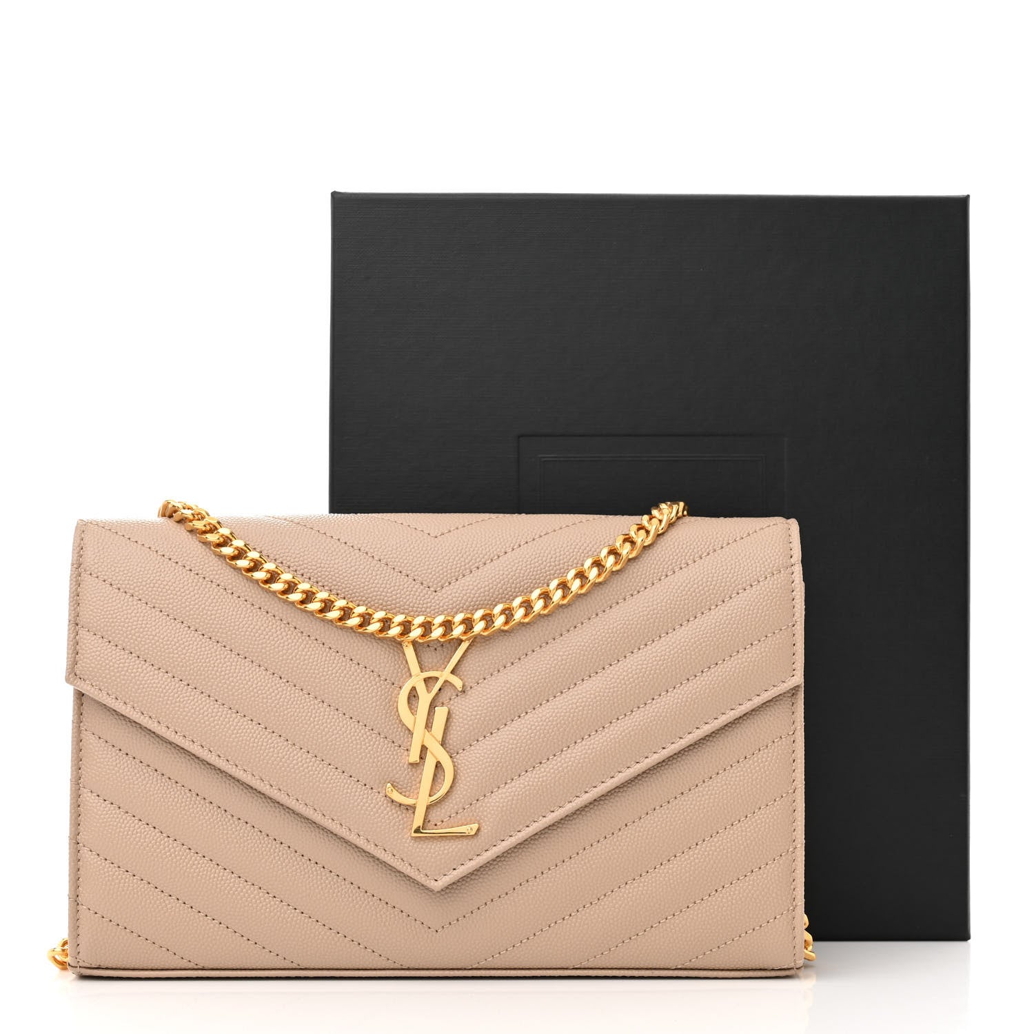 Saint Laurent Grain De Poudre Matelasse Chevron Monogram Chain Wallet Dark Beige 11 of 11