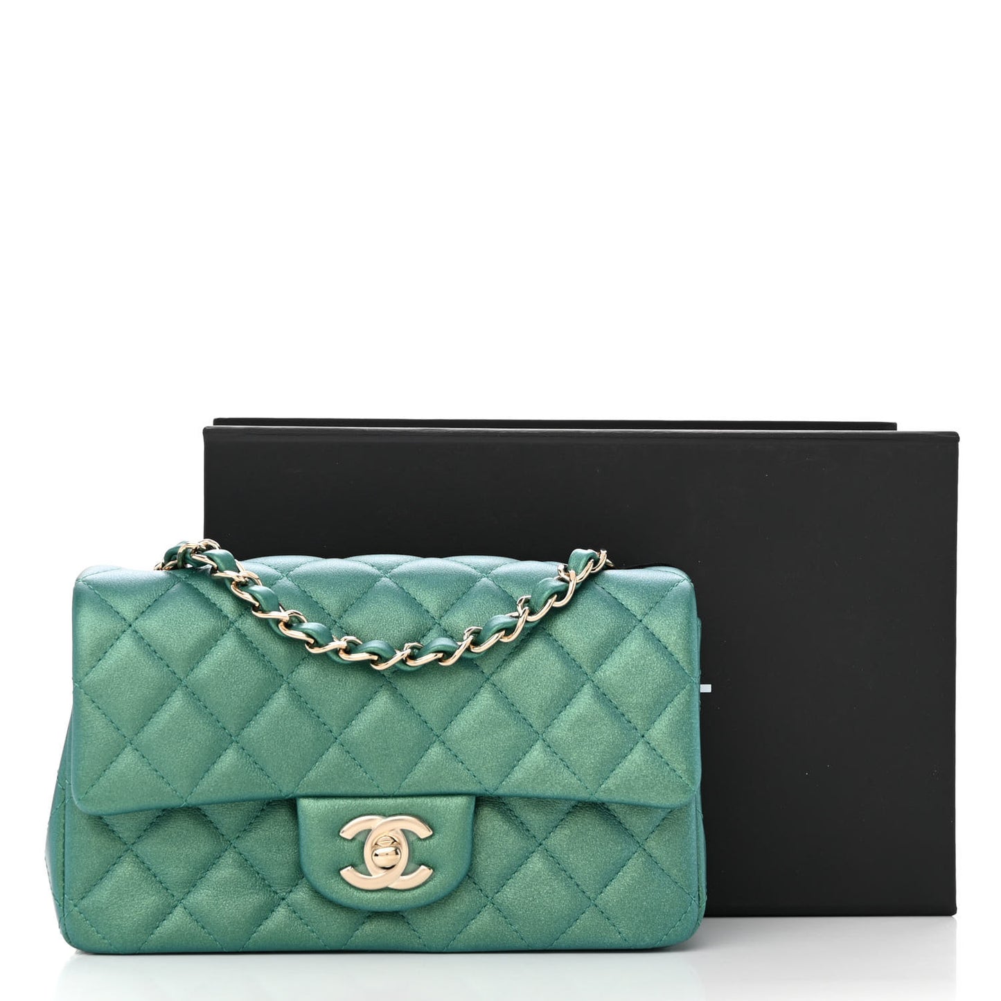 Iridescent Calfskin Quilted Mini Rectangular Flap Green
