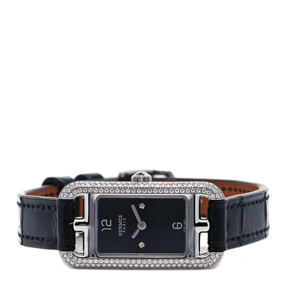 Hermes Stainless Steel Alligator Diamond 17mm Nantucket Serti Joaillier Quartz Watch Noir 2 of 5