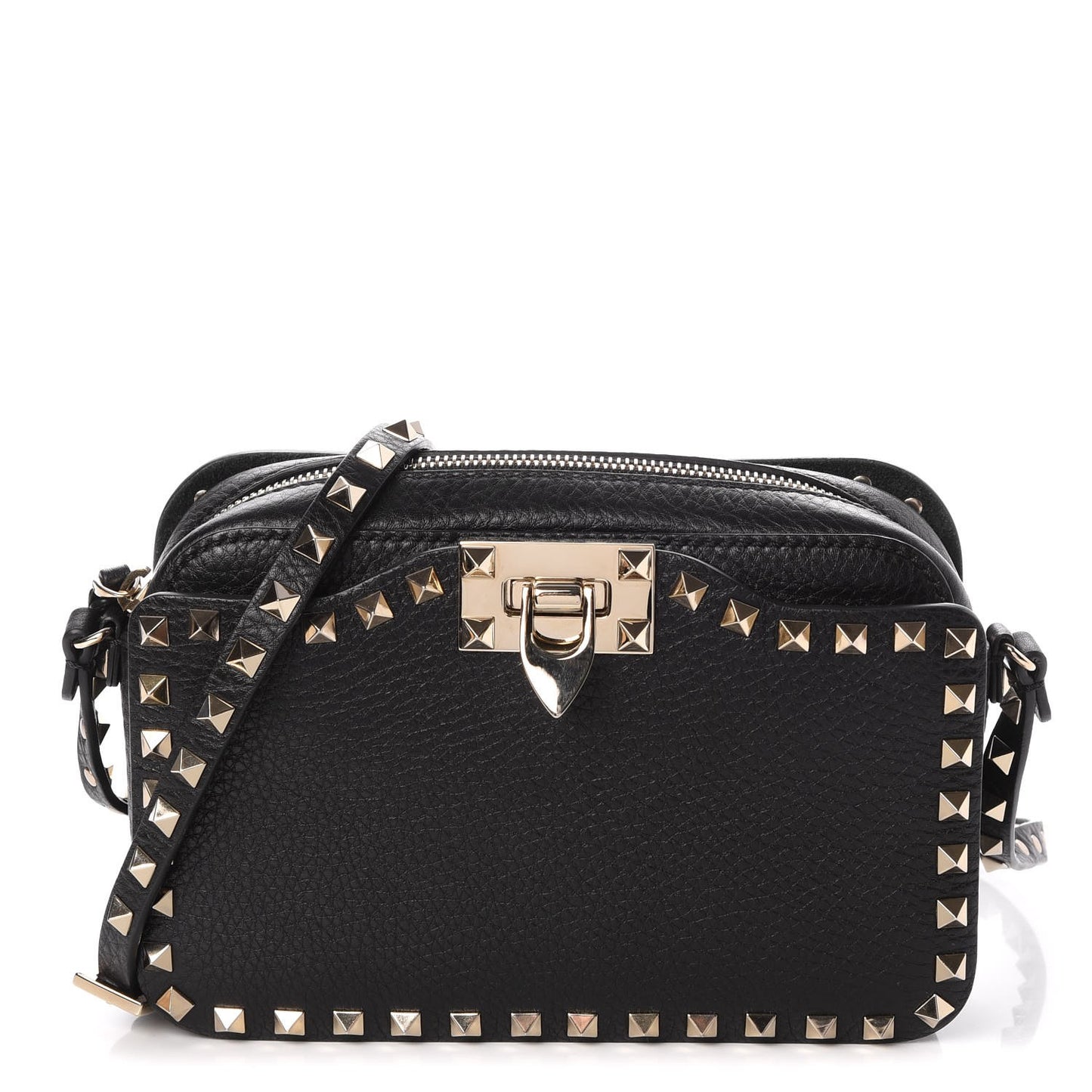 Grained Calfskin Rockstud Flip Lock Camera Crossbody Bag Black