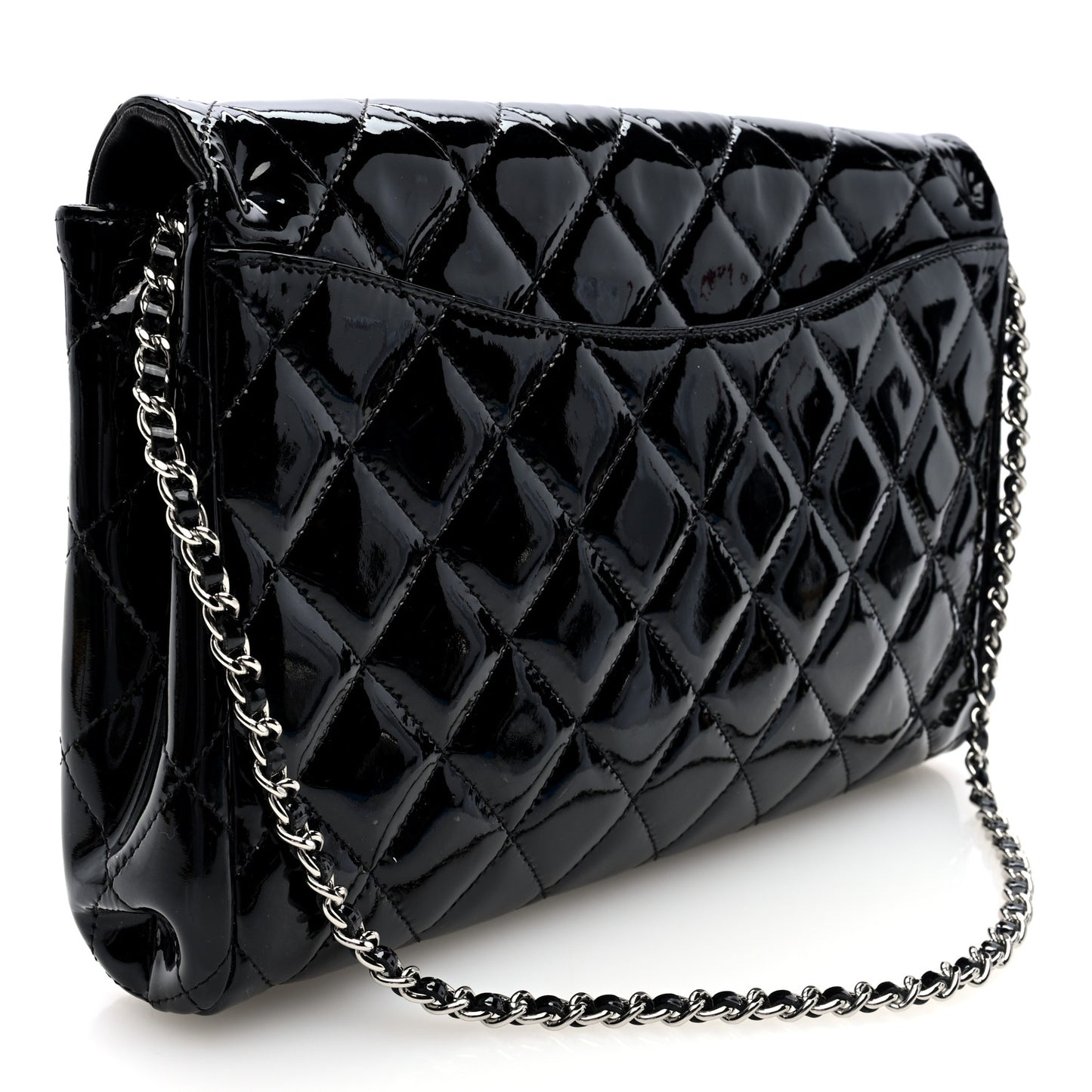 Patent Quilted Clutch with Chain Flap Black