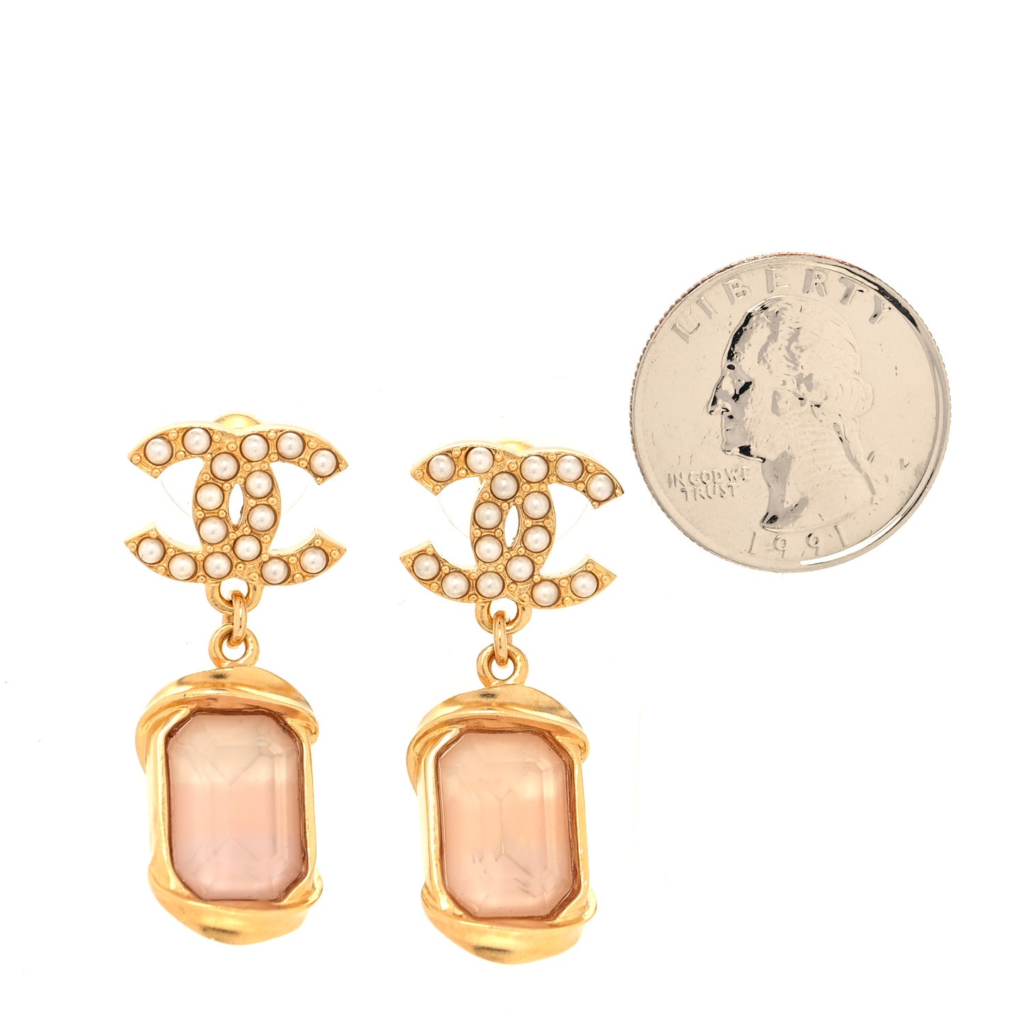 Metal Crystal Pearl CC Drop Earrings Gold Pink