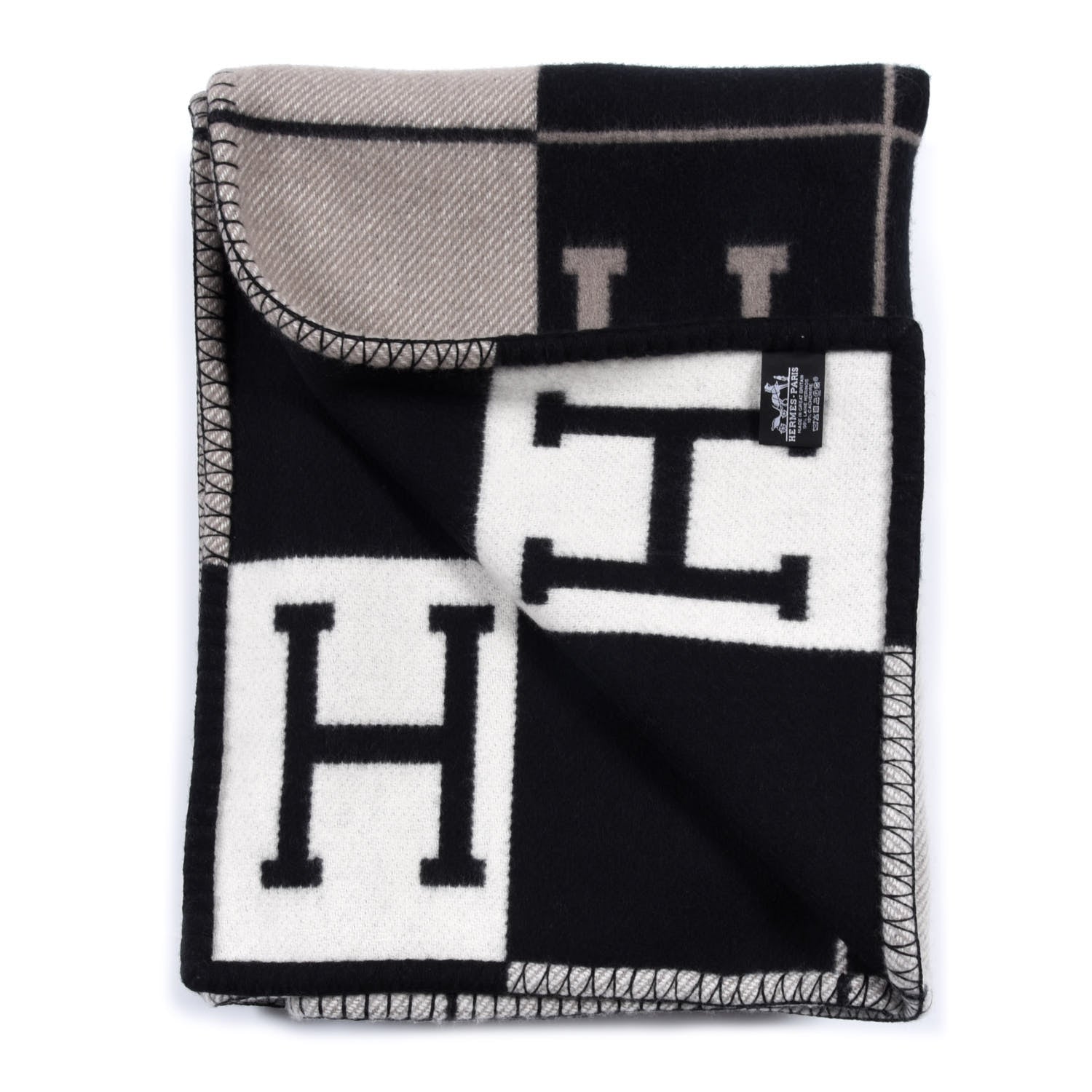 Hermes Wool Cashmere Avalon III Blanket Ecru Black 1 of 4