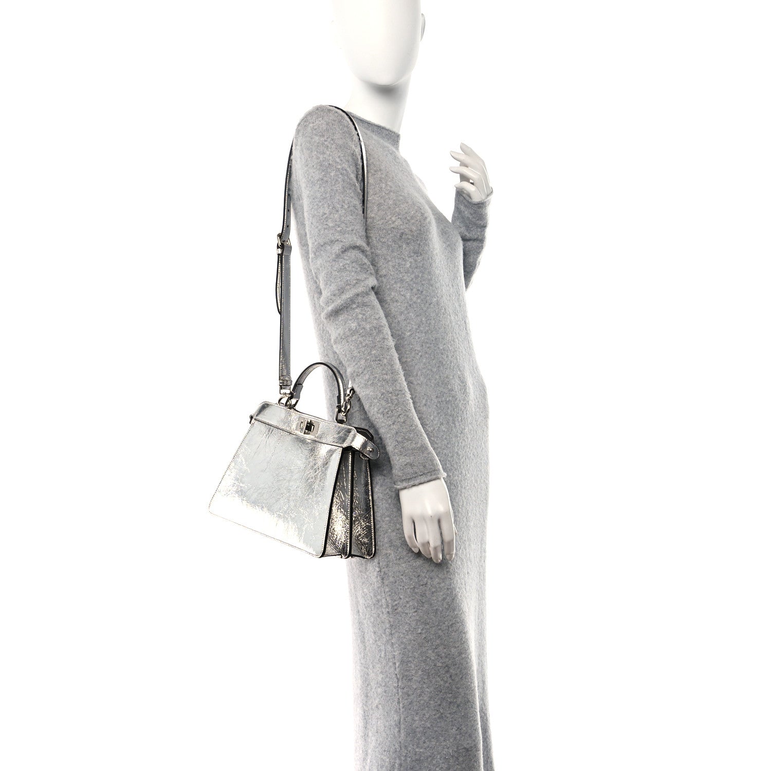 Fendi Rock Millenium Laminata Small Peekaboo I SEE U Satchel Argento 2 of 16