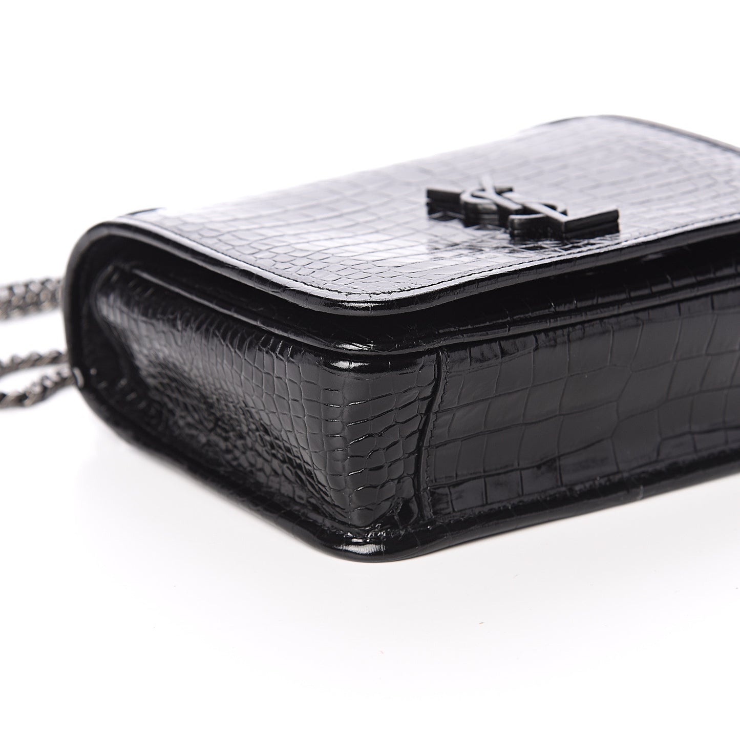 Crocodile Embossed Lambskin Matelasse Monogram Niki Chain Wallet Black