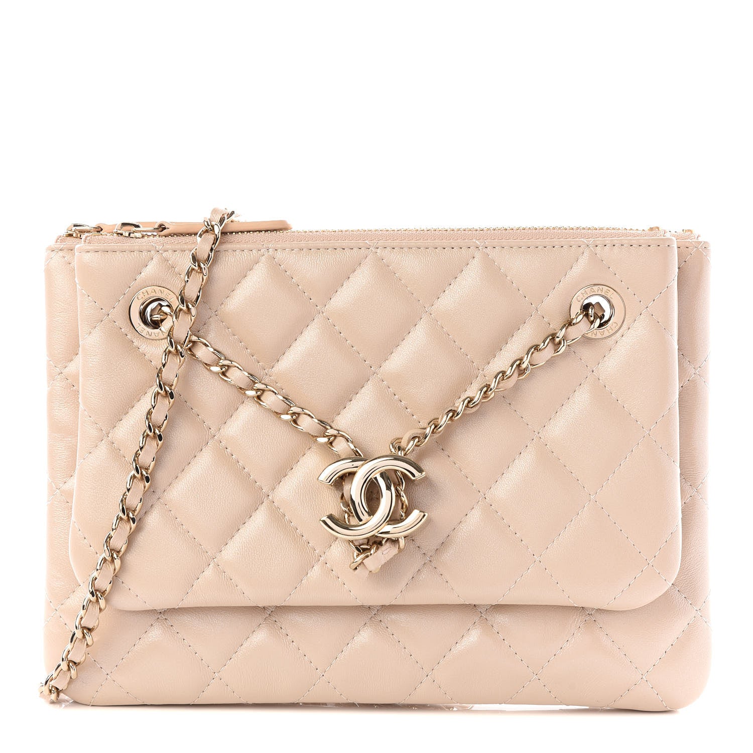 Chanel Shiny Lambskin Quilted Small Double Case With Strap Beige 1 of 10
