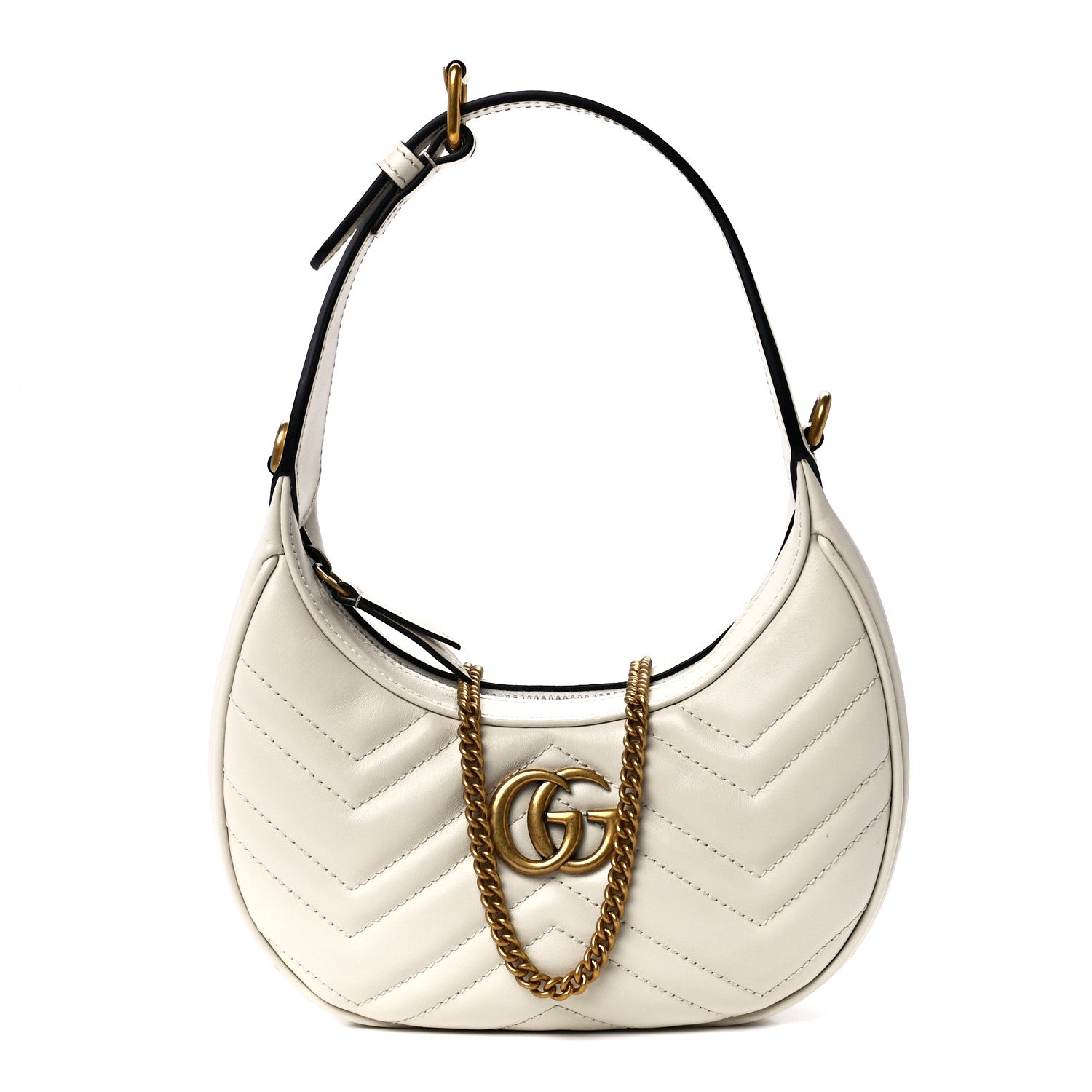Gucci Calfskin Matelasse Chevron Mini GG Marmont Half Moon Hobo Mystic White 1 of 11