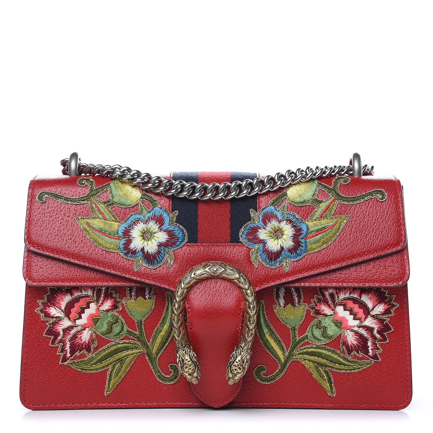 Calfskin Web Floral Embroidered Small Dionysus Shoulder Bag Hibiscus Red