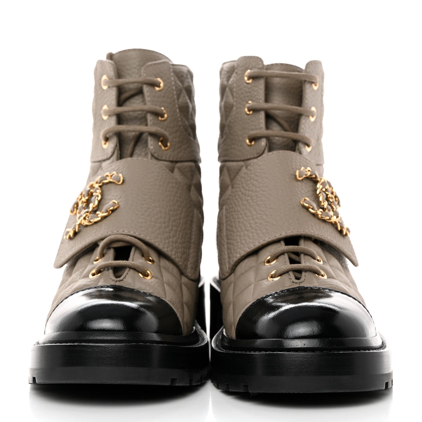 Calfskin Shiny Calfskin Quilted Lace Up Combat Boots 39 Dark Beige Black