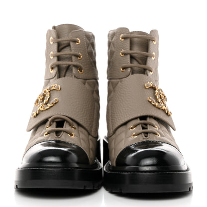 Chanel Calfskin Shiny Calfskin Quilted Lace Up Combat Boots 39 Dark Beige Black 2 of 9