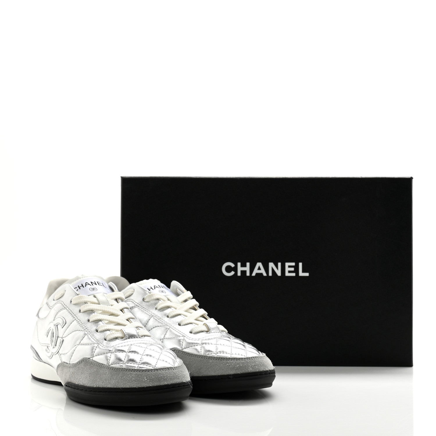Chanel Laminated Calfskin Suede Quilted Womens CC Sneakers 39 Silver White Gray 9 of 9