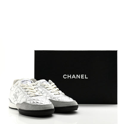 Chanel Laminated Calfskin Suede Quilted Womens CC Sneakers 39 Silver White Gray 9 of 9