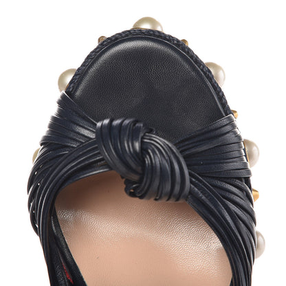Gucci Raffia Calfskin Pearl Embellished Barbette Espadrille Platform Wedge Sandals 36.5 Midnight Blue Red 11 of 12