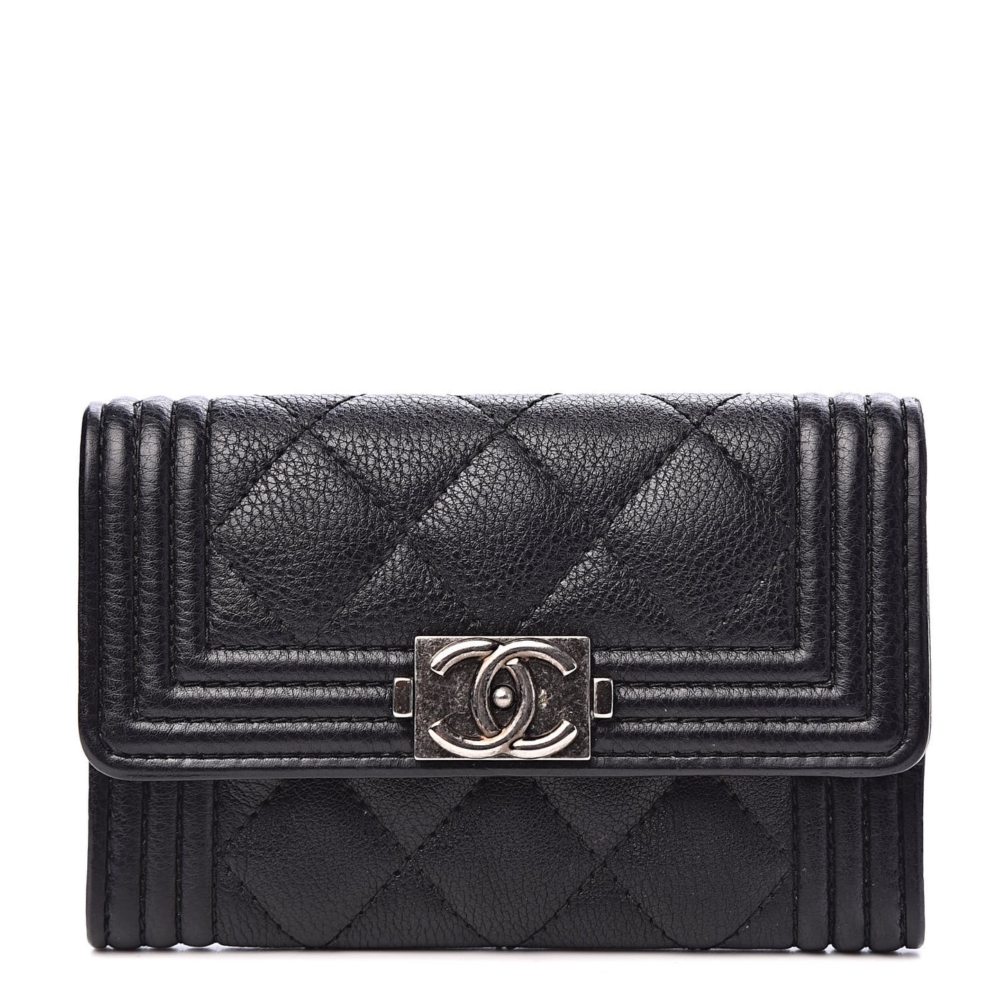 Calfskin Quilted Boy Flap Card Holder Black