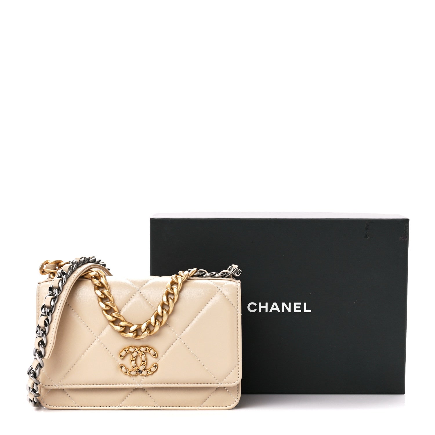 Chanel Lambskin Quilted Chanel 19 Wallet On Chain WOC Beige 12 of 12