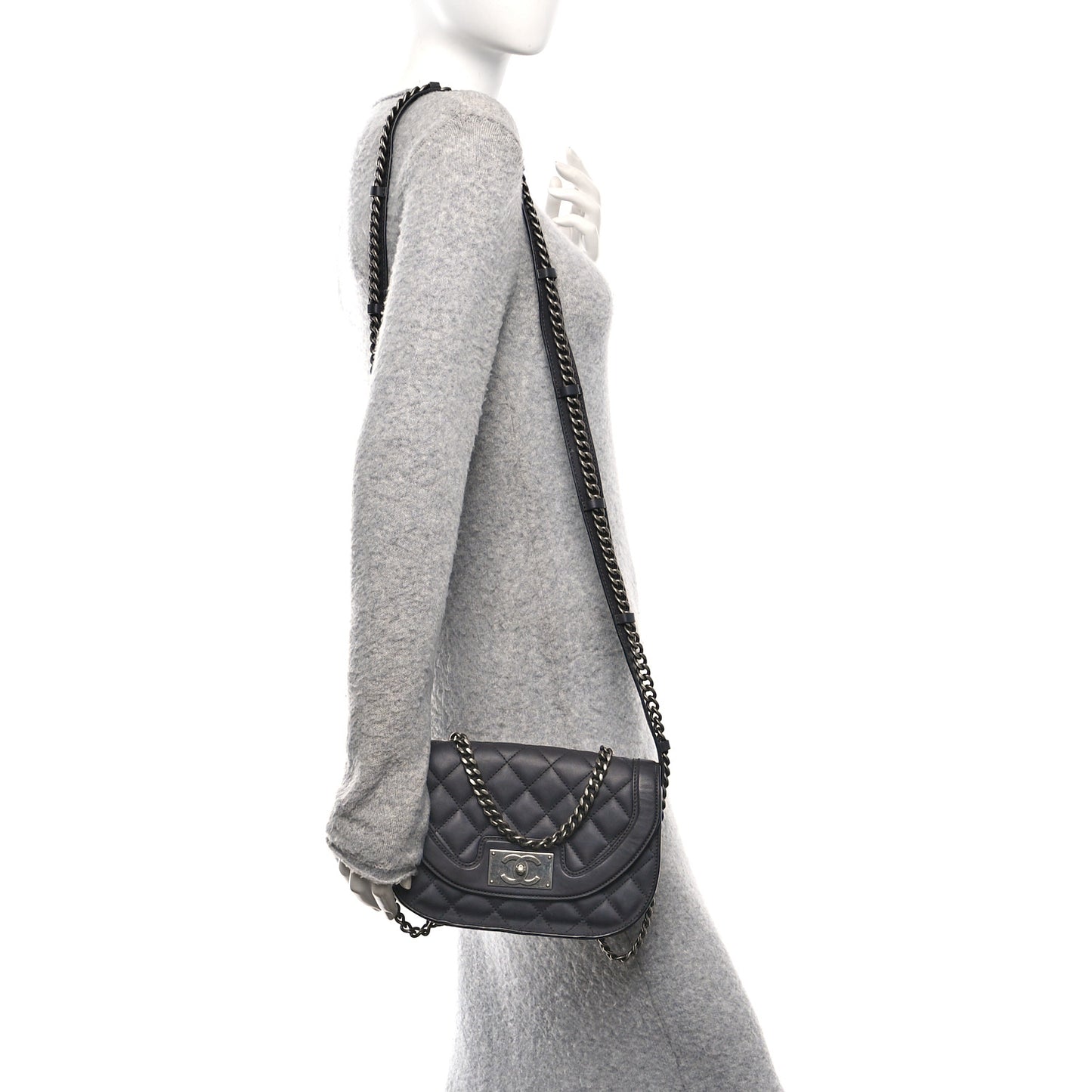 Shiny Goatskin Quilted Small Double Chained Messenger Flap Black