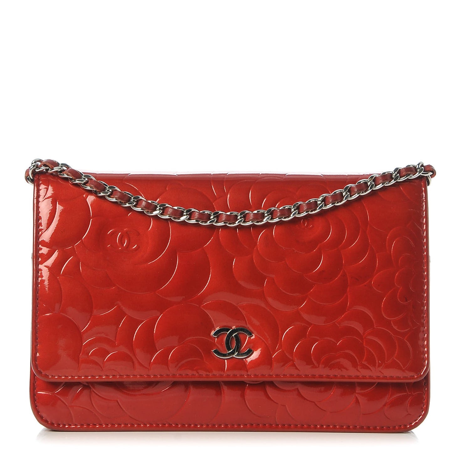 Patent Camellia Embossed Wallet On Chain WOC Dark Red