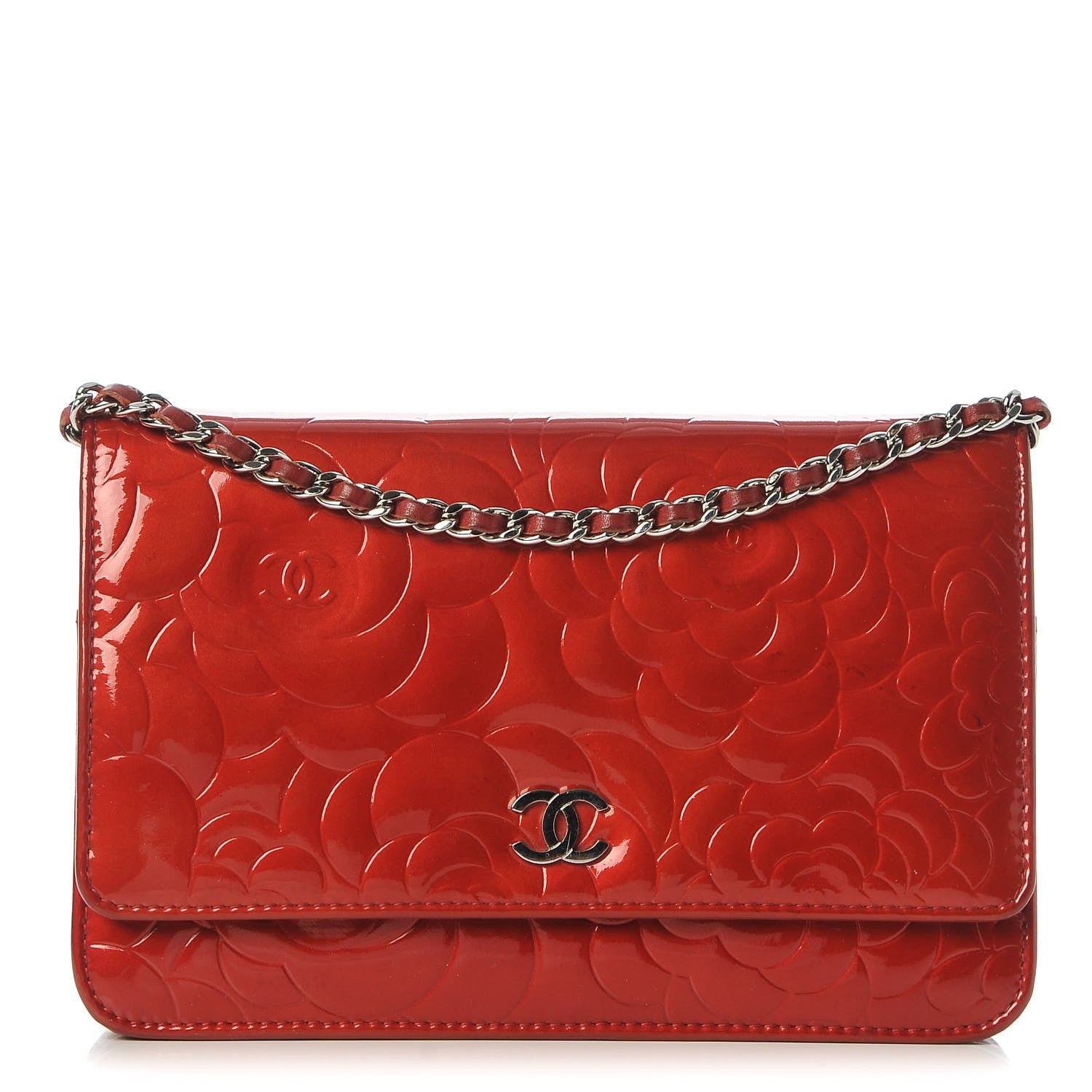 Chanel Patent Camellia Embossed Wallet On Chain WOC Dark Red 1 of 11