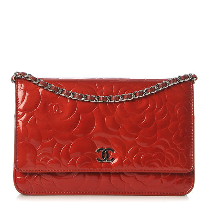 Chanel Patent Camellia Embossed Wallet On Chain WOC Dark Red 1 of 11