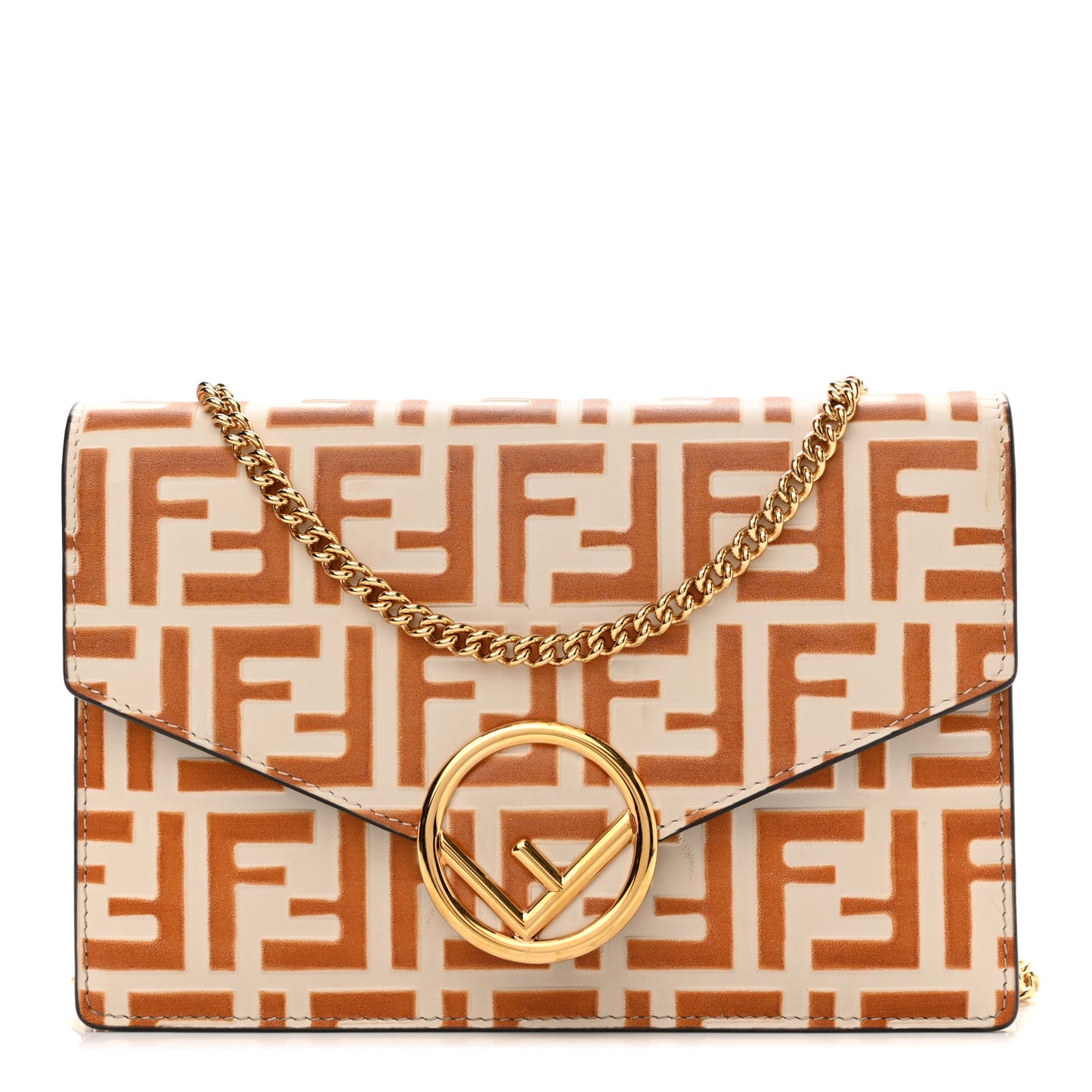 Vitello Soft F is Fendi Bi-Color FF 1974 Embossed Medium Envelope Wallet On Chain Camelia Saddler