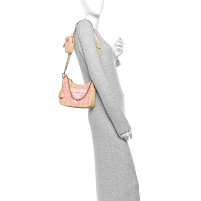 Prada Yarn Raffia Effect Crochet Striped Re-Edition 2005 Shoulder Bag Naturale Petalo 2 of 11