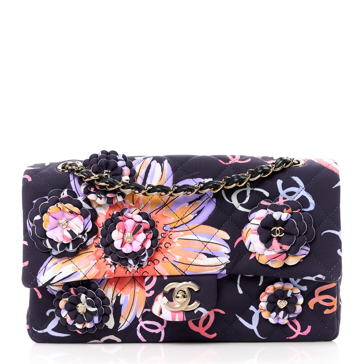 Chanel Printed Fabric Quilted Camellia Flap Black Multicolor 1 of 12