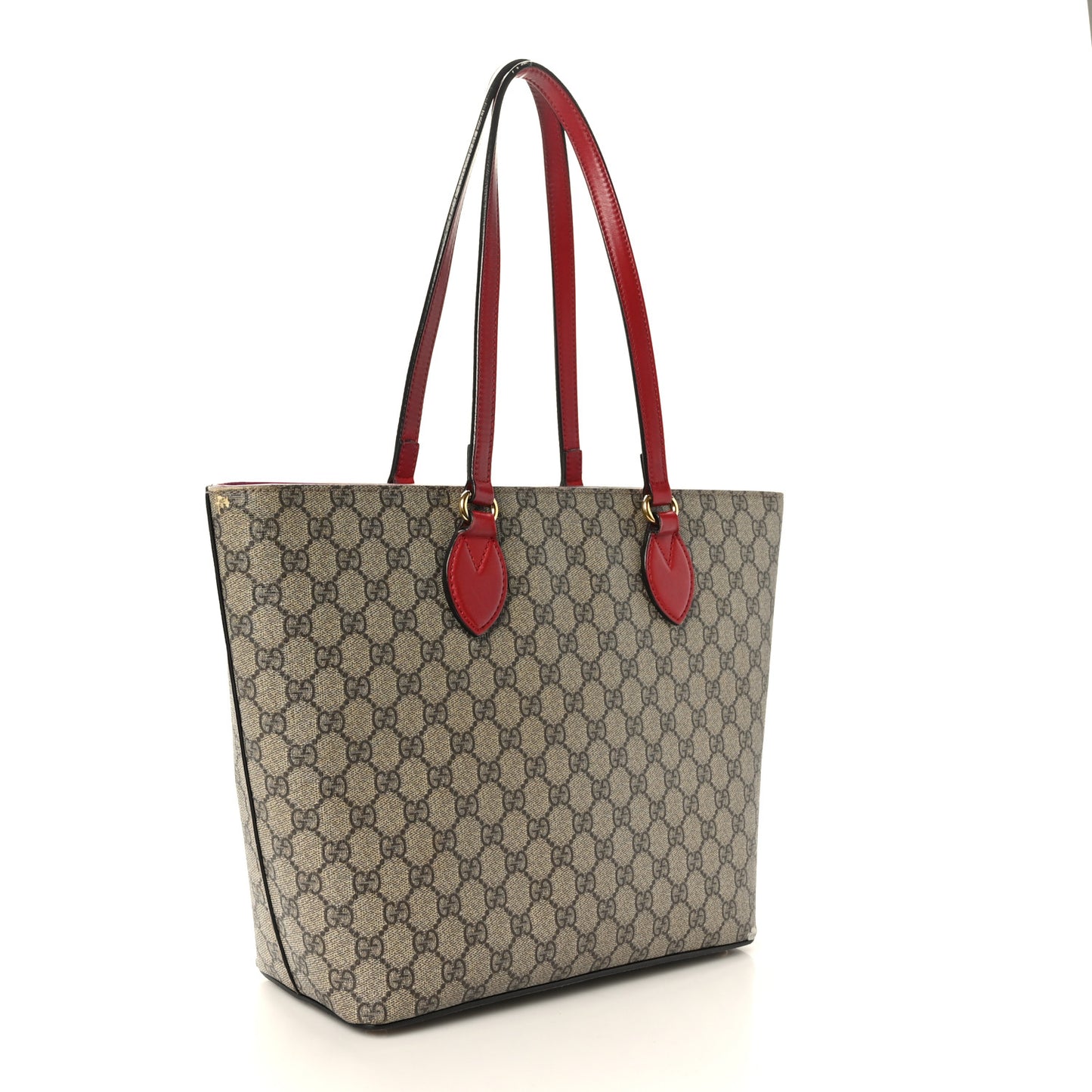 GG Supreme Monogram Medium Zippered Bucket Tote Beige Hibiscus Red New Rosette