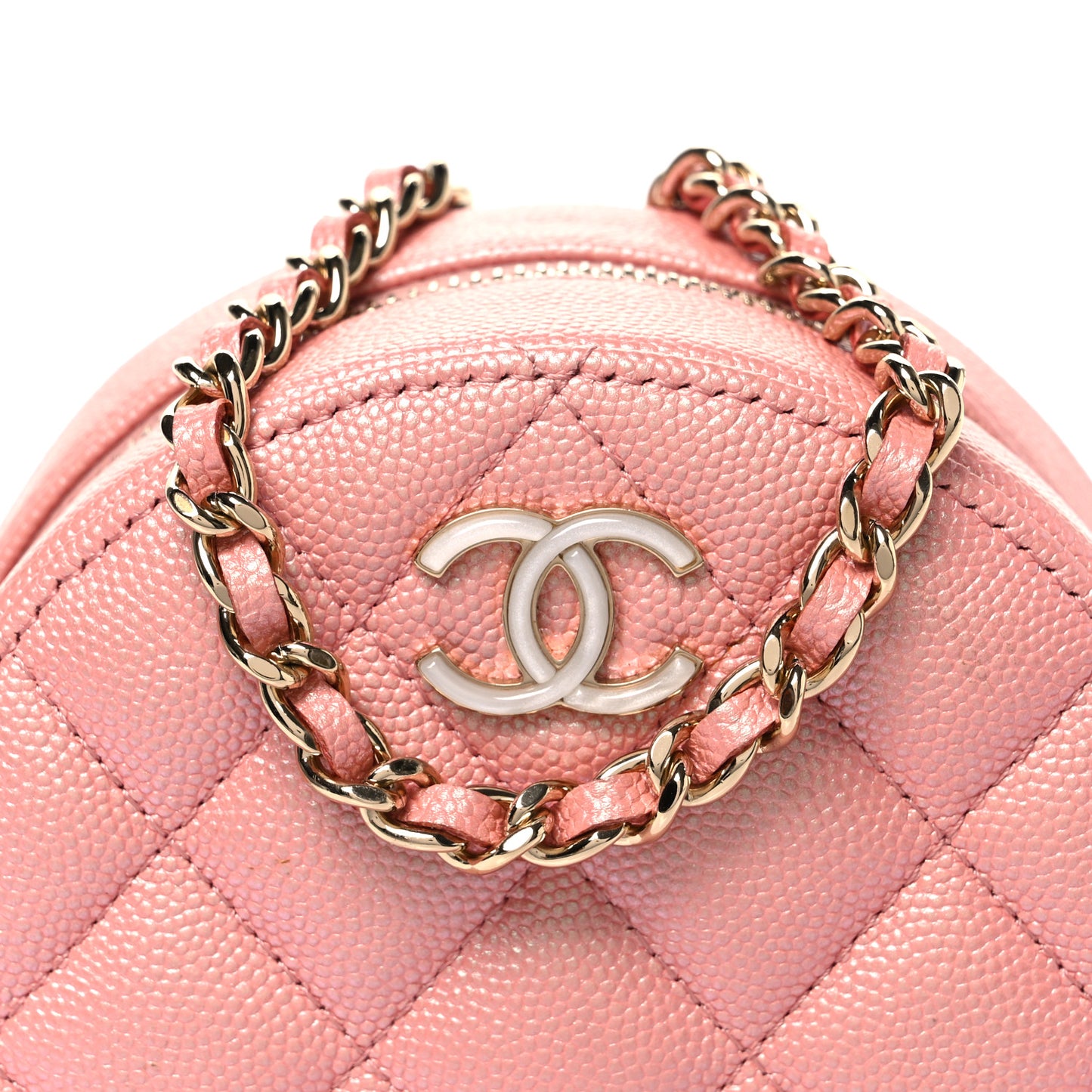 Iridescent Caviar Resin Quilted Round Clutch With Chain Pink